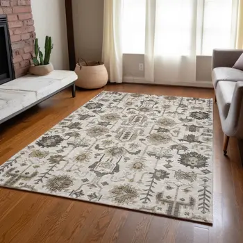 10' X 14' Ivory Beige And Taupe Oriental Washable Indoor Outdoor Area Rug