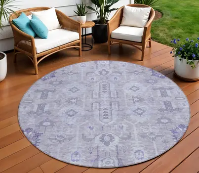 8' Lavender Purple And Gray Round Oriental Washable Indoor Outdoor Area Rug