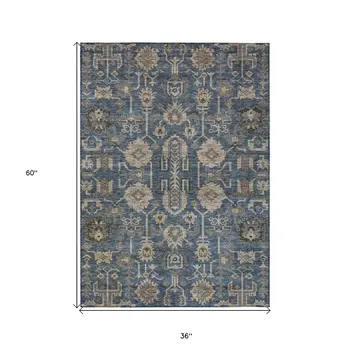 3' X 5' Navy Blue Beige And Taupe Oriental Washable Indoor Outdoor Area Rug