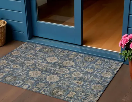 3' X 5' Navy Blue Beige And Taupe Oriental Washable Indoor Outdoor Area Rug