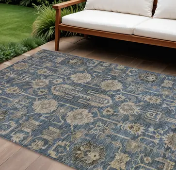 5' X 8' Navy Blue Beige And Taupe Oriental Washable Indoor Outdoor Area Rug