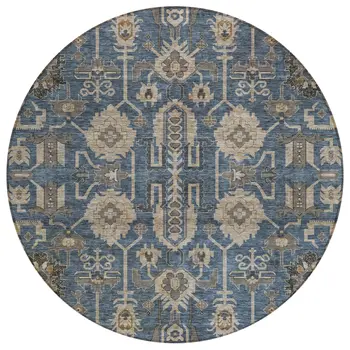 8' Navy Blue Beige And Taupe Round Oriental Washable Indoor Outdoor Area Rug