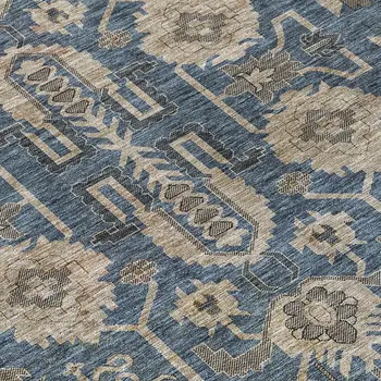 8' Navy Blue Beige And Taupe Round Oriental Washable Indoor Outdoor Area Rug