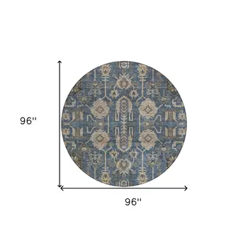 8' Navy Blue Beige And Taupe Round Oriental Washable Indoor Outdoor Area Rug