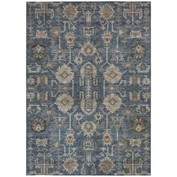 8' X 10' Navy Blue Beige And Taupe Oriental Washable Indoor Outdoor Area Rug