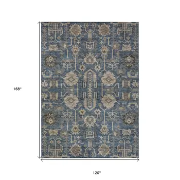 10' X 14' Navy Blue Beige And Taupe Oriental Washable Indoor Outdoor Area Rug