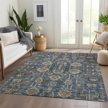 10' X 14' Navy Blue Beige And Taupe Oriental Washable Indoor Outdoor Area Rug