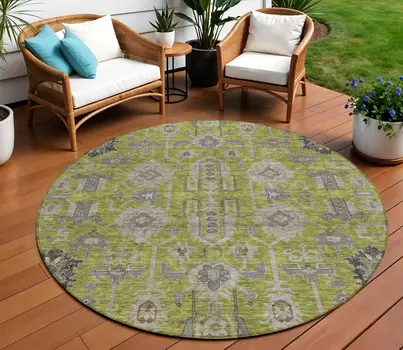 8' Olive Green Gray And Charcoal Round Oriental Washable Indoor Outdoor Area Rug