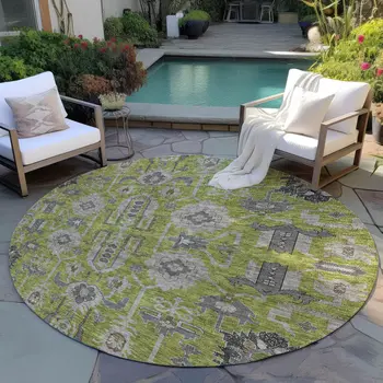8' Olive Green Gray And Charcoal Round Oriental Washable Indoor Outdoor Area Rug