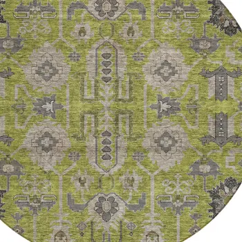 8' Olive Green Gray And Charcoal Round Oriental Washable Indoor Outdoor Area Rug
