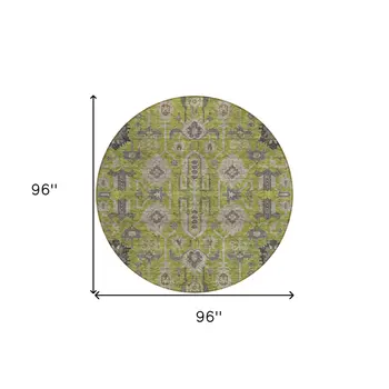 8' Olive Green Gray And Charcoal Round Oriental Washable Indoor Outdoor Area Rug