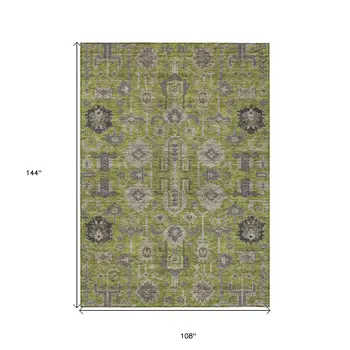 9' X 12' Olive Green Gray And Charcoal Oriental Washable Indoor Outdoor Area Rug