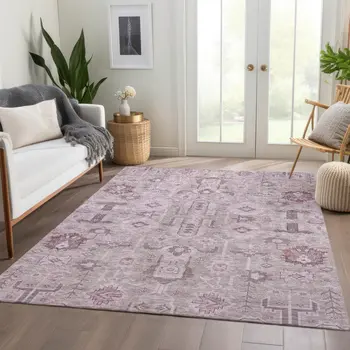 5' X 8' Pink Mauve And Blush Oriental Washable Indoor Outdoor Area Rug