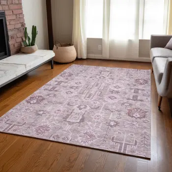5' X 8' Pink Mauve And Blush Oriental Washable Indoor Outdoor Area Rug