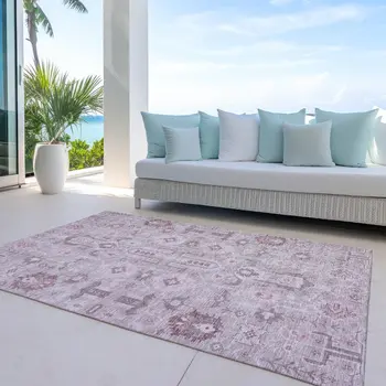5' X 8' Pink Mauve And Blush Oriental Washable Indoor Outdoor Area Rug