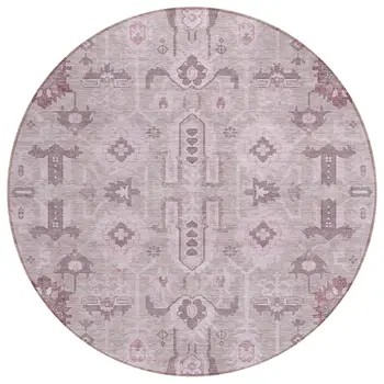 8' Pink Mauve And Blush Round Oriental Washable Indoor Outdoor Area Rug