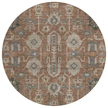 8' Brown Gray And Charcoal Round Oriental Washable Indoor Outdoor Area Rug