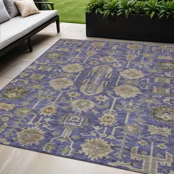 5' X 8' Purple Beige And Taupe Oriental Washable Indoor Outdoor Area Rug