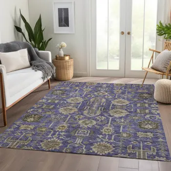 5' X 8' Purple Beige And Taupe Oriental Washable Indoor Outdoor Area Rug