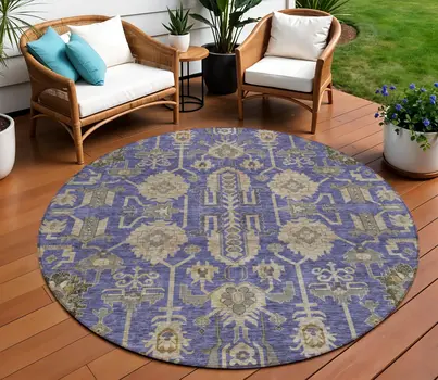8' Purple Beige And Taupe Round Oriental Washable Indoor Outdoor Area Rug