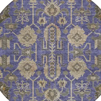 8' Purple Beige And Taupe Round Oriental Washable Indoor Outdoor Area Rug