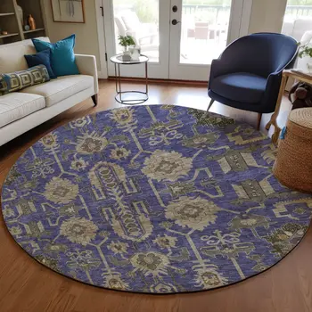 8' Purple Beige And Taupe Round Oriental Washable Indoor Outdoor Area Rug
