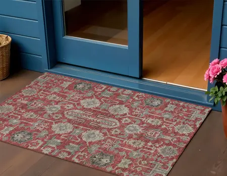 3' X 5' Red Beige And Charcoal Oriental Washable Indoor Outdoor Area Rug