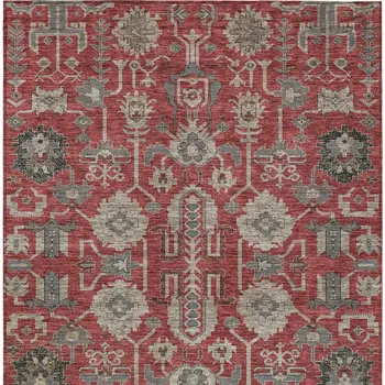 5' X 8' Red Beige And Charcoal Oriental Washable Indoor Outdoor Area Rug