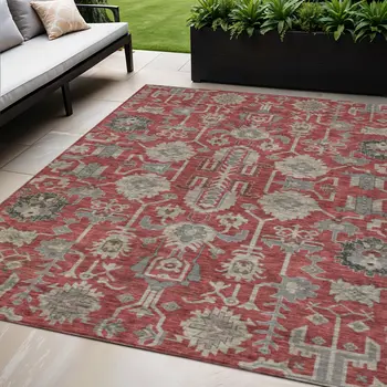 5' X 8' Red Beige And Charcoal Oriental Washable Indoor Outdoor Area Rug