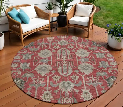8' Red Beige And Charcoal Round Oriental Washable Indoor Outdoor Area Rug