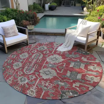 8' Red Beige And Charcoal Round Oriental Washable Indoor Outdoor Area Rug
