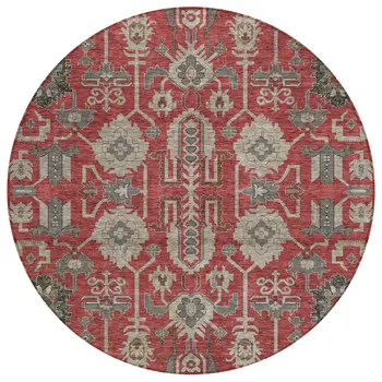 8' Red Beige And Charcoal Round Oriental Washable Indoor Outdoor Area Rug