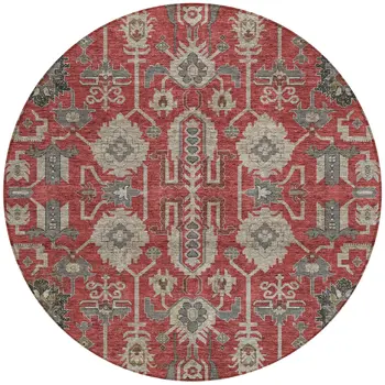 8' Red Beige And Charcoal Round Oriental Washable Indoor Outdoor Area Rug