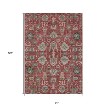 8' X 10' Red Beige And Charcoal Oriental Washable Indoor Outdoor Area Rug