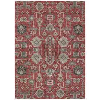 8' X 10' Red Beige And Charcoal Oriental Washable Indoor Outdoor Area Rug