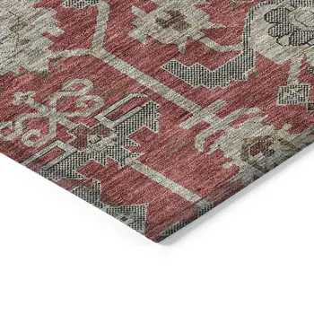8' X 10' Red Beige And Charcoal Oriental Washable Indoor Outdoor Area Rug