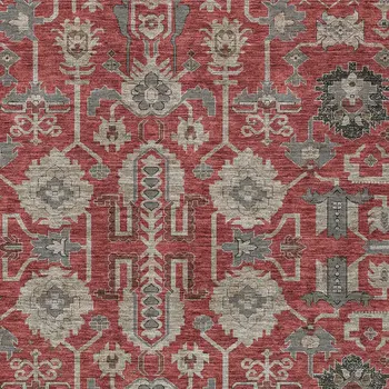 8' X 10' Red Beige And Charcoal Oriental Washable Indoor Outdoor Area Rug