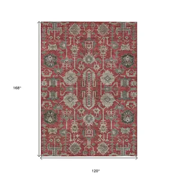 10' X 14' Red Beige And Charcoal Oriental Washable Indoor Outdoor Area Rug