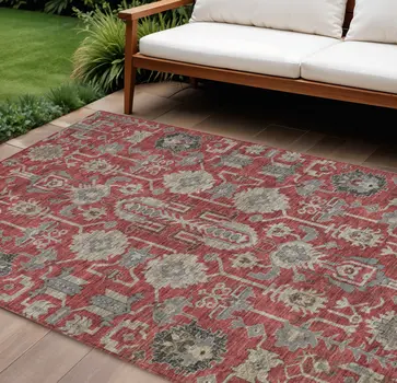 10' X 14' Red Beige And Charcoal Oriental Washable Indoor Outdoor Area Rug
