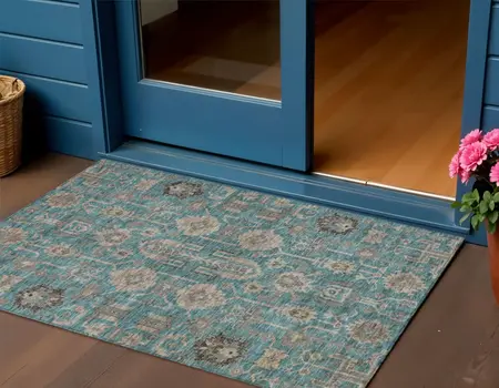 3' X 5' Teal Blue Aqua And Beige Oriental Washable Indoor Outdoor Area Rug