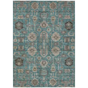 3' X 5' Teal Blue Aqua And Beige Oriental Washable Indoor Outdoor Area Rug