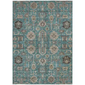 5' X 8' Teal Blue Aqua And Beige Oriental Washable Indoor Outdoor Area Rug