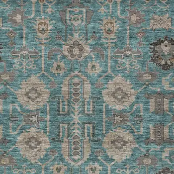 5' X 8' Teal Blue Aqua And Beige Oriental Washable Indoor Outdoor Area Rug