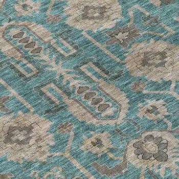 5' X 8' Teal Blue Aqua And Beige Oriental Washable Indoor Outdoor Area Rug