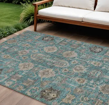 8' X 10' Teal Blue Aqua And Beige Oriental Washable Indoor Outdoor Area Rug