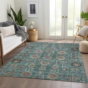 9' X 12' Teal Blue Aqua And Beige Oriental Washable Indoor Outdoor Area Rug
