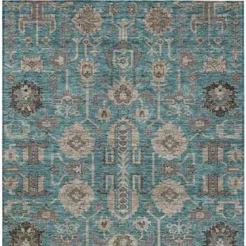 10' X 14' Teal Blue Aqua And Beige Oriental Washable Indoor Outdoor Area Rug