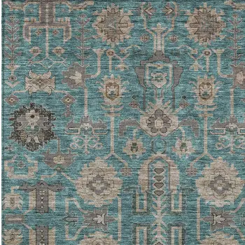 10' X 14' Teal Blue Aqua And Beige Oriental Washable Indoor Outdoor Area Rug