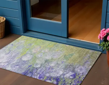3' X 5' Artichoke Green Purple And Lilac Abstract Washable Indoor Outdoor Area Rug