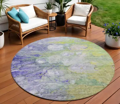 8' Artichoke Green Purple And Lilac Round Abstract Washable Indoor Outdoor Area Rug